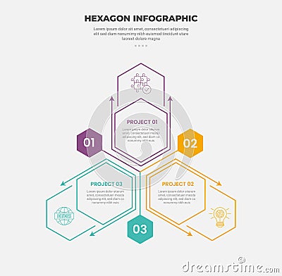 hexagon or hexagonal base shape infographic outline style with 3 point template with cycle circular balance with pyramid structure Stock Photo
