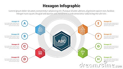 hexagon or hexagonal honeycombs shape infographics template diagram with linked network line with circle outline with 4 point step Stock Photo