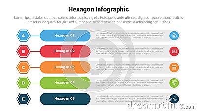 hexagon or hexagonal honeycombs shape infographics template diagram with long rectangle shape stack structure with 5 point step Stock Photo