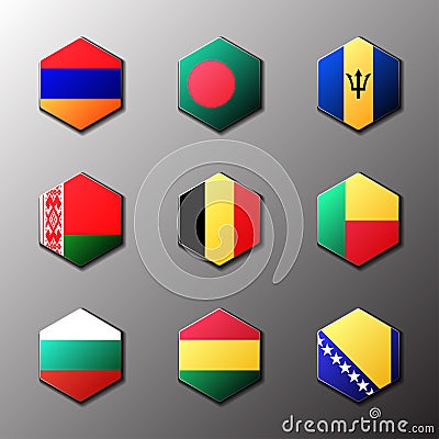 Hexagon icon set. Flags of the world with official RGB coloring and detailed emblems Vector Illustration