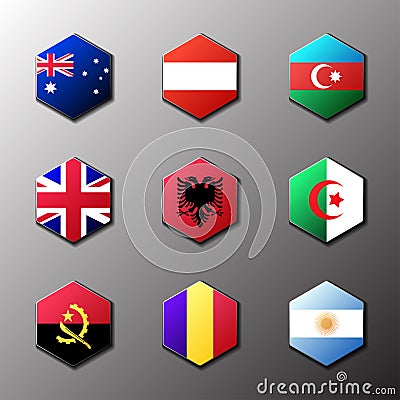 Hexagon icon set. Flags of the world with official RGB coloring and detailed emblems Vector Illustration