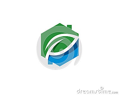 Hexagon logo house with negative space leaf leaves showing a sustainable green ecology building home Vector Illustration