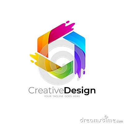 Hexagon logo with swoosh design colorful, paint icons Vector Illustration