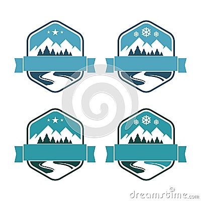 Hexagon Mountain Emblem - New Year Snowflakes Nuance Vector Illustration