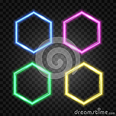 Hexagon neon banners set. Glowing electric borders collection. Hexagonal light signs with blank text space. Electric led Vector Illustration