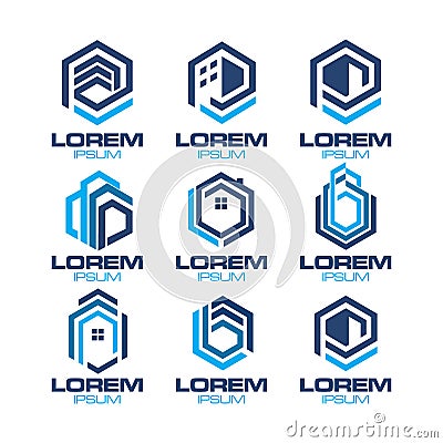 Hexagon Real Estate Logo Set Vector Illustration