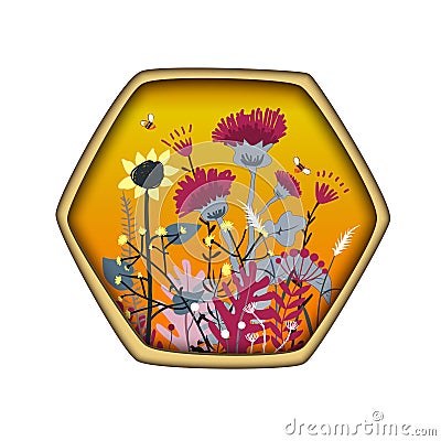 Hexagon Shape Label with cute honey meadow flowers and bees. Vector illustration. Grassland Honey Concept for prints Vector Illustration