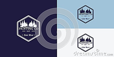 The hexagon shape logo with pine tree ornaments and the word painting co LLC Vector Illustration