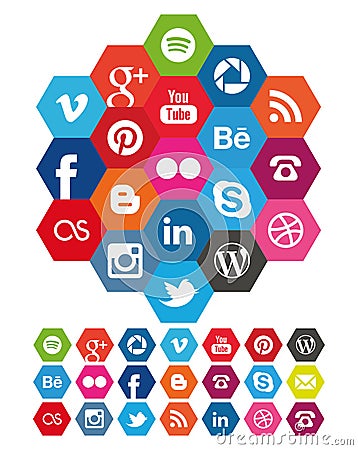 Hexagon Social Media icons Vector Illustration