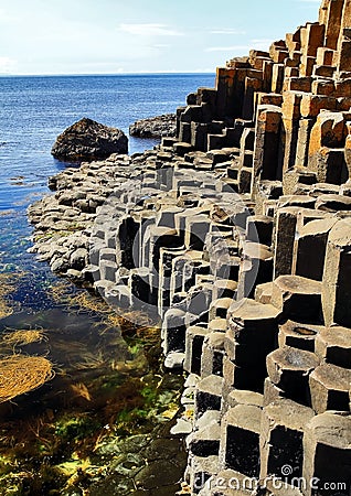 The hexagonal Basalt slabs of Giants Causeway dipping into the sea Stock Photo