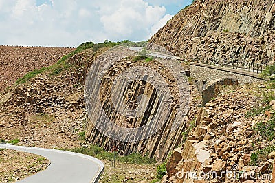 Hexagonal columns of volcanic origin at the Hong Kong Global Geopark in Hong Kong, China. Stock Photo