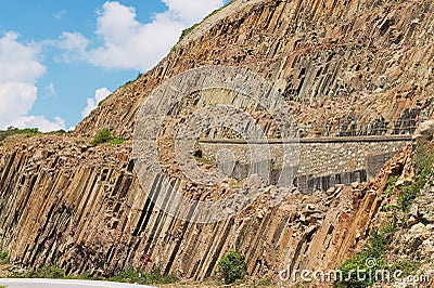 Hexagonal columns of volcanic origin at the Hong Kong Global Geopark in Hong Kong, China. Stock Photo