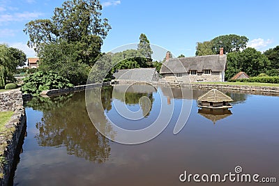 The hexagonal duck house on the village pond at East Quantoxhead in Somerset, England. Thatched cottages can be seen in the Stock Photo