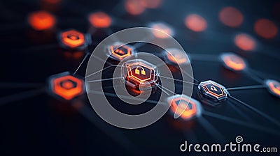 Hexagonal grid with glowing orange and red security icons symbolizing interconnected systems, blockchain security, and encrypte Cartoon Illustration