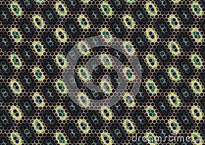Hexagonal grunge psychedelic pattern with clear cell border, overlapping torn lines filling hexagons, blending colors like blue, Stock Photo