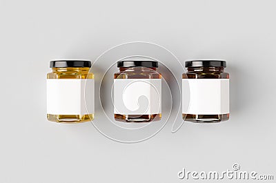 Hexagonal honey jars mockup with blank label. Three different colors Stock Photo