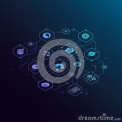 Hexagonal icons representing technology and data concepts are interconnected Stock Photo