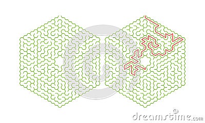 Hexagonal labyrinth with a solution. Color hexagonal maze. A useful puzzle game for children and adults Vector Illustration