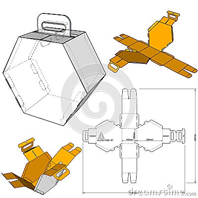 Hexagonal Luxury Cake Box and Die-cut Pattern with handle. Vector Illustration