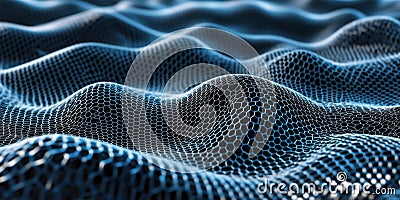 Hexagonal mesh pattern creating undulating waves in blue and black tones, showcasing depth and texture in a digital Stock Photo