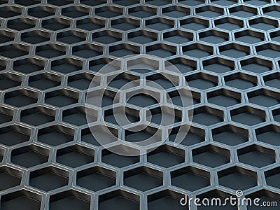 Hexagonal metal cells on a gray background. Abstract background with geometric structure. Texture with honeycombs. 3d rendering Stock Photo
