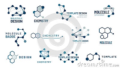 Hexagonal molecule badge. Molecular structure logo, molecular grids and chemistry hexagon molecules templates vector set Vector Illustration