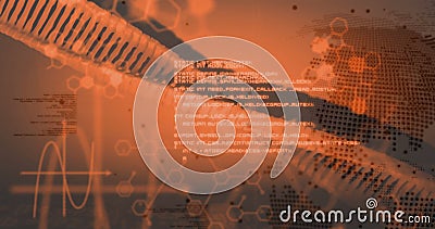 Hexagonal patterns and data processing image over abstract orange background Stock Photo