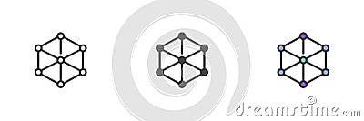 Hexagonal prism with connected nodes different style icon set Vector Illustration
