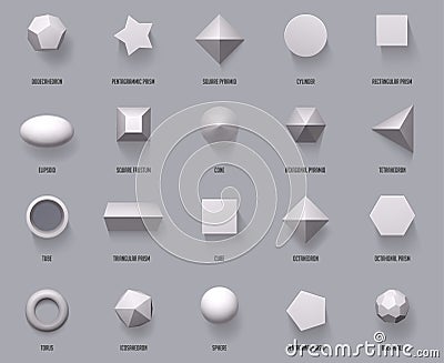 Hexagonal realistic 3D shapes. Basic geometric shapes, math 3d figure forms cube, cylinder and prism shapes top view Vector Illustration