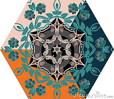 Hexagonal template with flowers for umbrella or ceramic tile. Vector image Vector Illustration