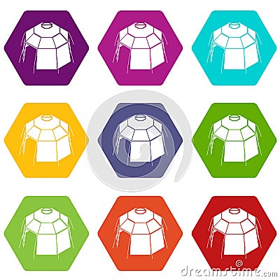 Hexagonal tent icons set 9 vector Vector Illustration