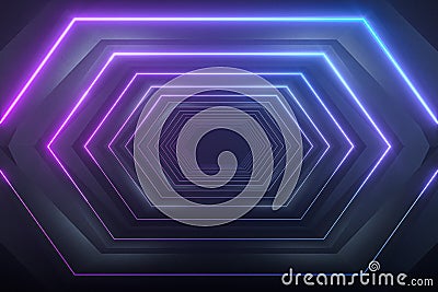 Hexagonal tunnel with neon light, modern architecture, 3d rendering Stock Photo