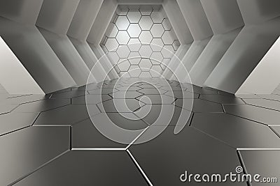 Hexagonal tunnel space with hexagon cubes, 3d rendering Cartoon Illustration