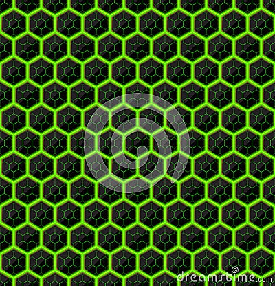 Hexagons of black stone with green streaks of energy. Seamless vector texture. Technology seamless pattern. Vector geometric dark Vector Illustration