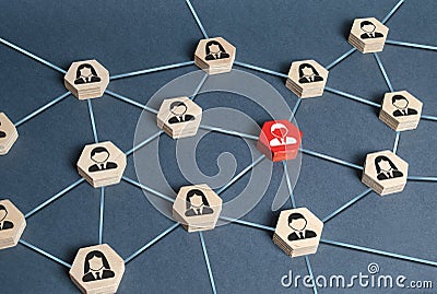 Hexagons with businessmen employees are connected with their leader by a business network. Communication and social networks Stock Photo