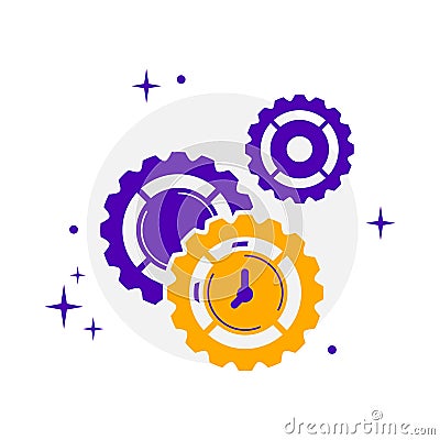 Hexagons. Clockwork. Timer. Settings and options. UI development. Color illustration in a flat style on a round gray background. Vector Illustration