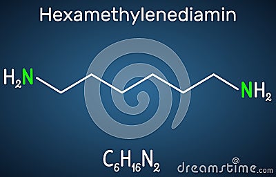 Hexamethylenediamine diamine molecule. It is monomer for nylon. Structural chemical formula on the dark blue background Vector Illustration