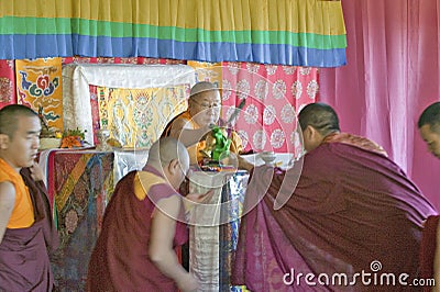 HH Penor Rinpoche, Tibetan-born Supreme Head of Nyingmapa Buddhism, delivers Amitabha Empowerment to Buddhist monks at Meditation Editorial Stock Photo