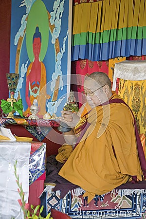 HH Penor Rinpoche, Tibetan-born Supreme Head of Nyingmapa Buddhism, presides over Amitabha Empowerment at Meditation Mount in Editorial Stock Photo