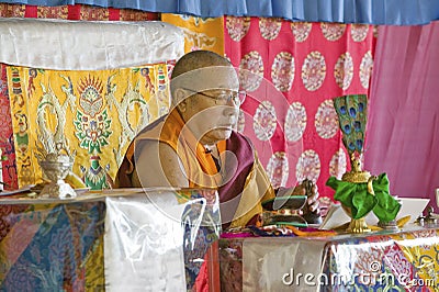 HH Penor Rinpoche, Tibetan-born Supreme Head of Nyingmapa Buddhism, presides over Amitabha Empowerment at Meditation Mount in Editorial Stock Photo