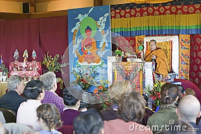 HH Penor Rinpoche, Tibetan-born Supreme Head of Nyingmapa Buddhism, presides over Amitabha Empowerment at Meditation Mount in Editorial Stock Photo