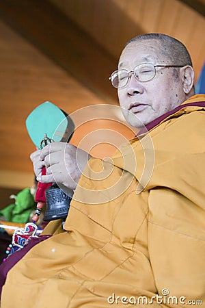 HH Penor Rinpoche, Tibetan-born Supreme Head of Nyingmapa Buddhism, presides over Amitabha Empowerment at Meditation Mount in Editorial Stock Photo