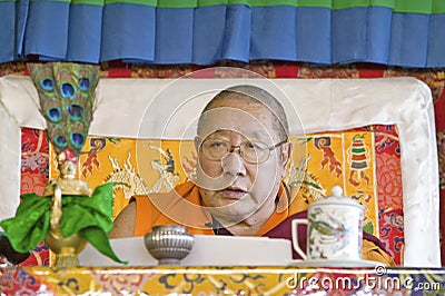 HH Penor Rinpoche, Tibetan-born Supreme Head of Nyingmapa Buddhism, presides over Amitabha Empowerment at Meditation Mount in Editorial Stock Photo