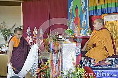 HH Penor Rinpoche with Umzeh (using incense to purify) during Amitabha Empowerment at Meditation Mount in Ojai, CA Editorial Stock Photo