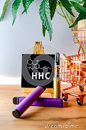 HHC distillate cartridge Vape Hexahydrocannabinol a psychoactive half synthetic cannabinoid and CBD oils Stock Photo