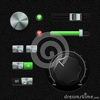 Hi-End UI Analog Volume Equalizer, Level Mixer, Volume Knob Chrome. Metal Switch Button, Lamp, Bulb, Progress Bar. Vector Illustration