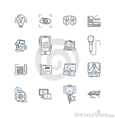 Hi-fi emporium line icons collection. Amplifiers , Record players, Speakers, Subwoofers, Turntables, Phonographs Vector Illustration