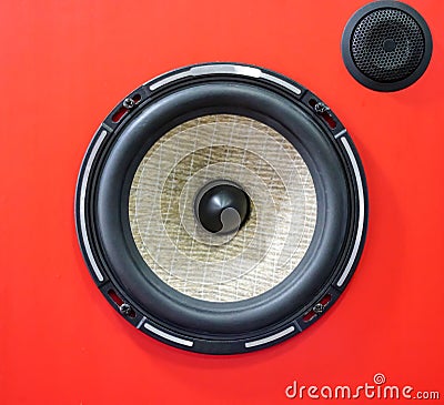 Hi-fi sound speaker box. Red speaker box and black silk hifi tweeter. Stock Photo
