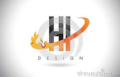 HI H I Letter Logo with Fire Flames Design and Orange Swoosh. Vector Illustration