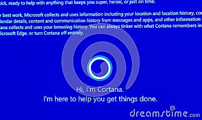 Hi, I`m Cortana -message on computer display during windows 10 Editorial Stock Photo